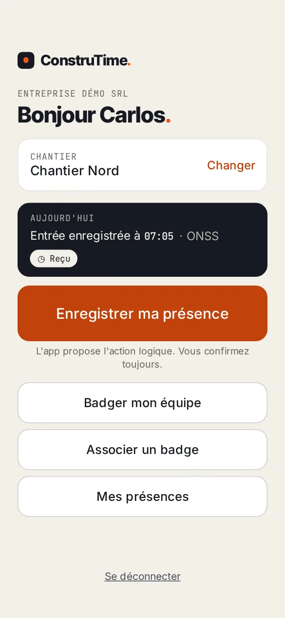 Écran d'accueil de l'application ConstruTime