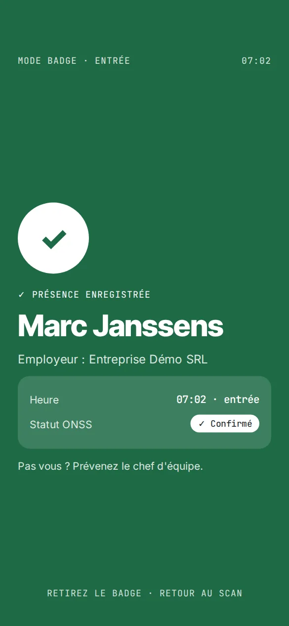 Mode badge : présence enregistrée, en vert